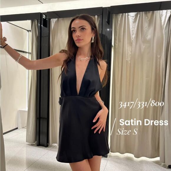 Zara Black SATIN EFFECT Plunged deep V Neckline MINI DRESS  NWT Size Medium - Picture 4 of 6